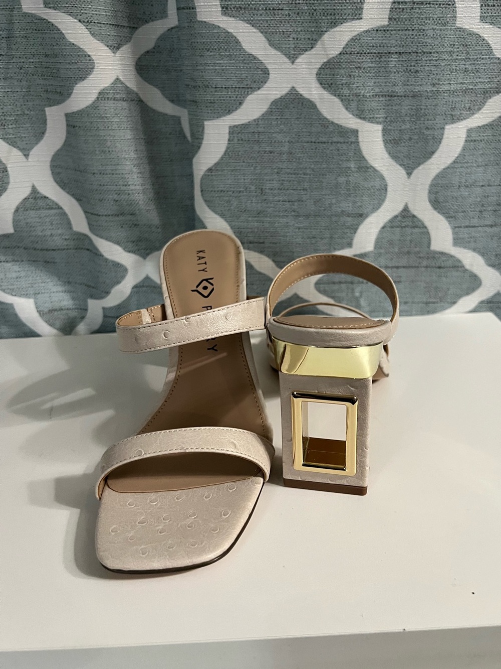 Katy Perry Collections Ivory Double-Strap Block Heel Sandals with Gold Accent